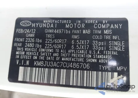 2012 Hyundai Tucson Gls from USA, damaged, VIN KM8JU3AC7CU486706